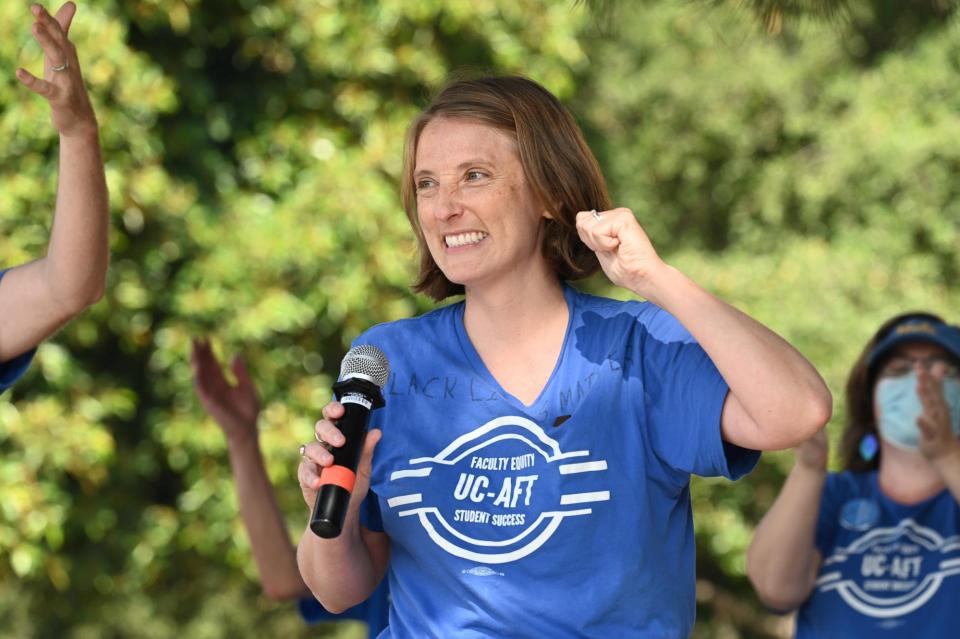Jubilant chief negotiator Mia McIver, UC-AFT president.